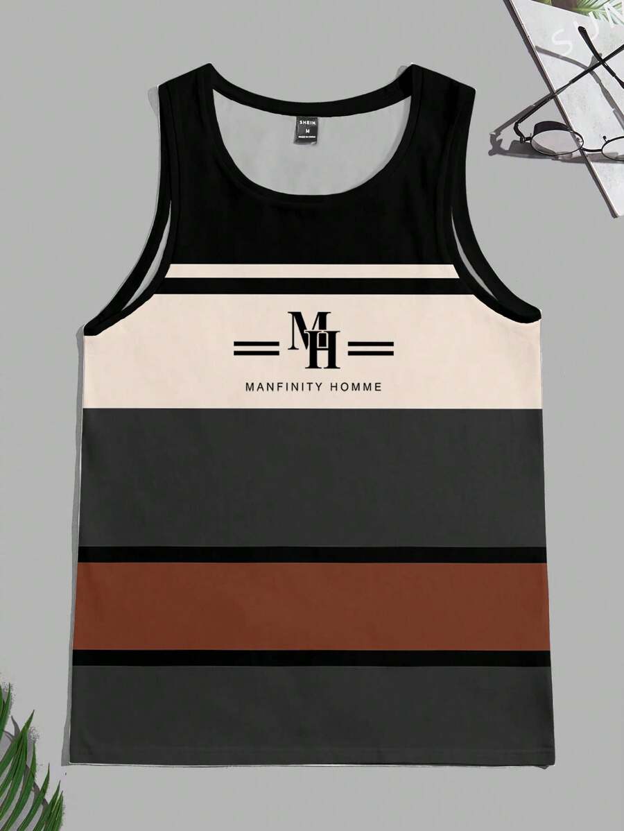 Manfinity Homme Camiseta de tirantes minimalista con estampado de letras y franjas de color para hombres de moda casual - Multicolor - Ver 1