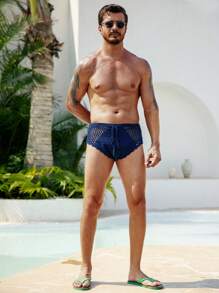 Manfinity Swimmode Quần lót dệt kim rỗng màu trơn cho nam đi biển và ngày lễ - Xanh đậm - Xem 4