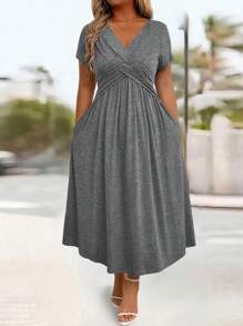 SHEIN PETITE Elegant Plus Size Women's Cable Knitted Twist Dress, Casual/Office, A-Line, Roomy, Slimming, Flared Skirt With Side Pockets