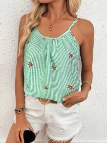 SHEIN LUNE Áo hai dây xếp ly in nơ sọc dành cho nữ - màu xanh lá - Xem 3