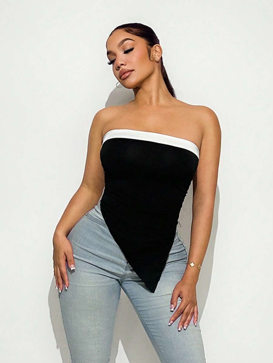 Zolique Khối màu Viền bất đối xứng Áo Bandeau - Đen và trắng - Xem 1