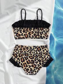 Set di 2 pezzi da bagno per ragazze giovani, costume da bagno da spiaggia e vacanza con stampa leopardata e volant a motivo casuale