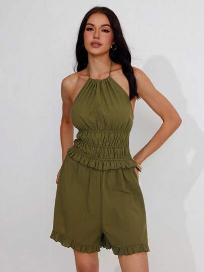 Roylia Fashionable Cotton Ruched Frills Halter Romper