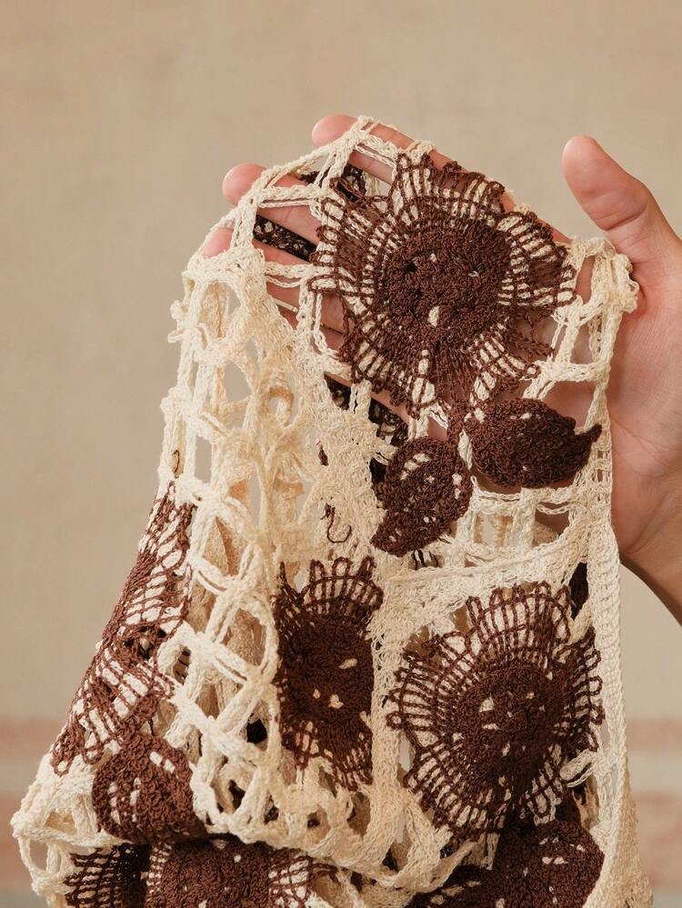 Women's Elegant Vacation Round Neck Long Sleeve Hollow Contrast Color Crochet Knit Cover Up, Suitable For Spring, Summer, Festival, Graduation