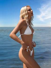 SHEIN ICON Conjunto de bikini de unicolor con cuello de corbata - Blanco - Ver 3