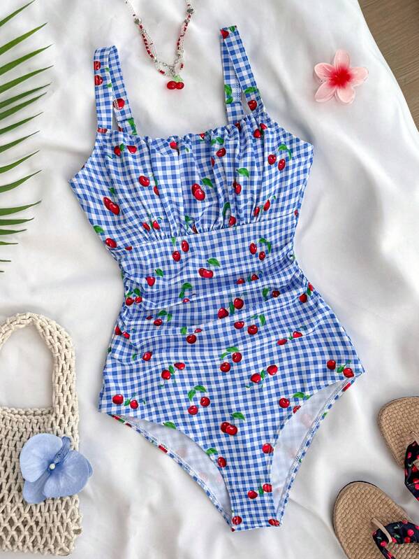 SHEIN Maillot de bain une pièce à carreaux bleus et imprimé de cerises pour adolescentes, tenue d'été de plage
