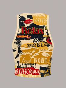 Slaydiva Áo thun không tay cổ tròn bó sát họa tiết áp phích cổ điển giản dị dành cho nữ, phù hợp cho mùa hè - Nhiều màu - Xem 2