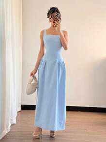 SHEIN Clasi Women's Elegant Summer Light Blue Tea Party Dress, Backless Boho Square Neck Sleeveless Long Dress With Tie Waist&Side Split For Vacation - Blue - View 6