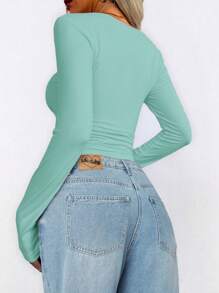 Chiquease Women Square Neck Long Sleeve Ruffle Hem Fitted T-Shirt, Solid Color Fall Cloth For Women - Blue - View 2