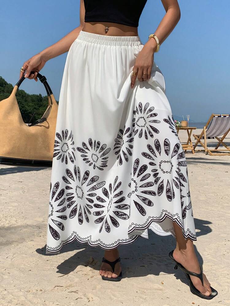Women's Floral Print Elastic Waist Casual Skirt, Suitable For Summer Vacation Boho
