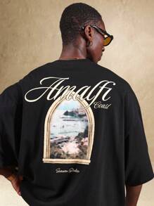 SUMWON 阿马尔菲海岸窗景宽松超大 T 恤夏季假期个性图案印花街头休闲 T 恤 - 黑色 - 查看 1
