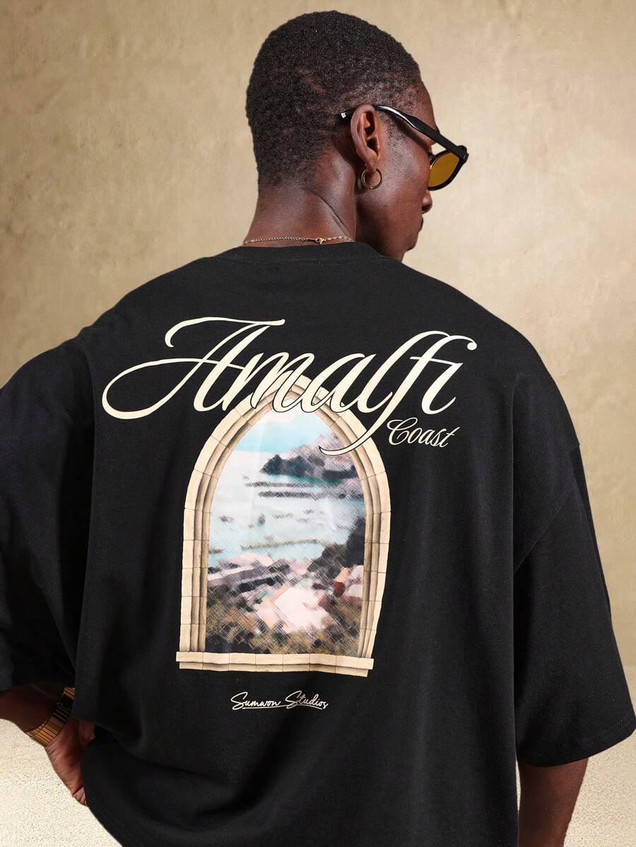 SUMWON 阿马尔菲海岸窗景宽松超大 T 恤夏季假期个性图案印花街头休闲 T 恤 - 黑色 - 查看 1