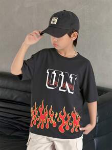 SHEIN 2025 Sommer Neue Mode Marke atmungsaktives Rundhals Kurzarm T-Shirt für Tween-Jungen - Schwarz - Übersicht 8