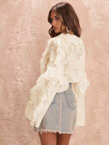 SHEIN BAE Áo kiểu nữ màu trắng dài tay cổ buộc dây bèo nhún xuyên thấu, thích hợp mặc đi nghỉ mát, áo bèo nhún mùa xuân/hè, ngày Valentine. - Màu be - Xem 2