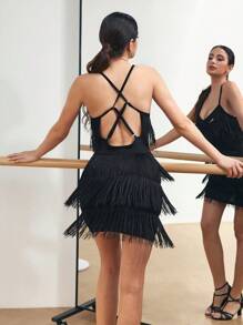 Menodora SHEIN Sport Costume de danse latine pour femmes avec décorations à franges, dos nu et col en pointe