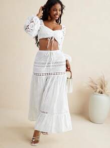 Kiitan Luxe Blusa de verano para mujer con mangas largas tipo obispo, fruncida con cordón, parte delantera atada, estilo bordado blanco para vacaciones - Blanco - Ver 7