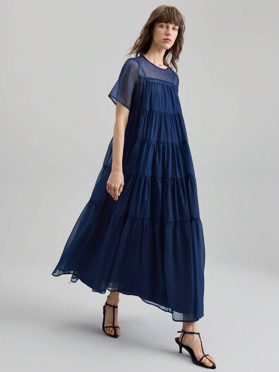 Ontre Váy dài nữ có chân váy vá bán trong suốt, váy lưới organza cổ tròn tay ngắn vá, váy quý cô thanh lịch, váy thường ngày, váy tinh tế, váy trang trọng, trang phục công sở nữ thường ngày, trang phục công sở, phong cách cổ điển kín đáo, thời trang sân bay đi làm chất lượng cao, chất liệu cao cấp - Màu xanh hải quân - Xem 1