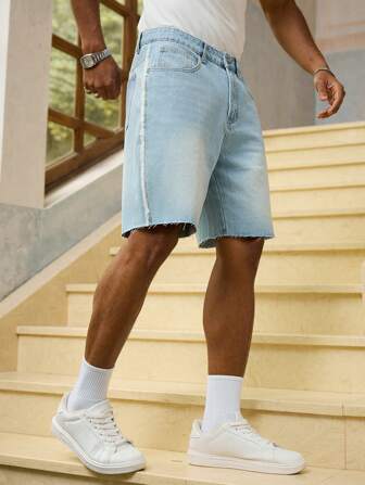 RivetRise Men's Plain Frayed Hem Pocket Raw Edge Distressed Casual Denim Shorts, Summer