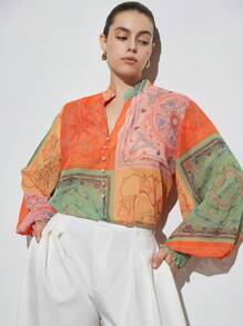 Aveloria Modichic 大码度假风格活力拼布花卉印花透明雪纺褶皱灯笼袖褶皱下摆衬衫