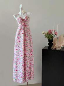 INAWLY Robe élégante pour femmes avec bretelles spaghetti, patchwork de dentelle à la taille et motif floral marguerite - Rose bonbon - Voir 2