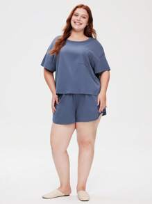 LUVLETTE Bộ đồ ngủ nữ cỡ lớn, mềm mại, 100% cotton nguyên chất, kiểu dáng cơ bản, cổ tròn, tay ngắn và quần short, thoáng khí, thoải mái, năng động, có túi, thích hợp mặc ngoài, cũng phù hợp cho thiếu nữ, trẻ em và bé gái. Bộ đồ ngủ mùa xuân và mùa hè, chất liệu cotton đồng bộ. - Màu xanh lam - Xem 10