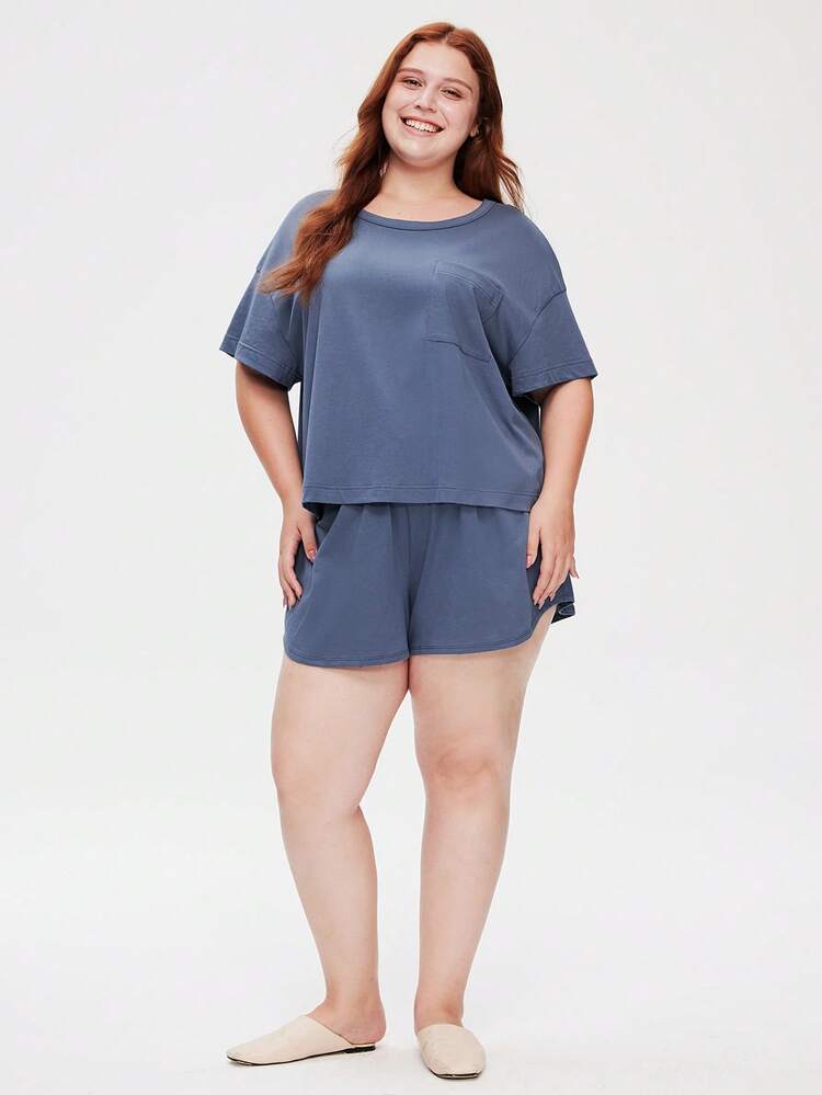 Damski, plus-size, miękki, 100% czystej bawełny, podstawowy, swobodny i sportowy, z okrągłym dekoltem, krótkim rękawem i szortami, przewiewny komplet piżamy, sportowy, swobodny, wygodny, aktywny, spodnie z kieszeniami, bielizna jako odzież wierzchnia, odpowiedni również dla nastolatek i dzieci, zestaw bokserek, zestawy na wiosnę i lato