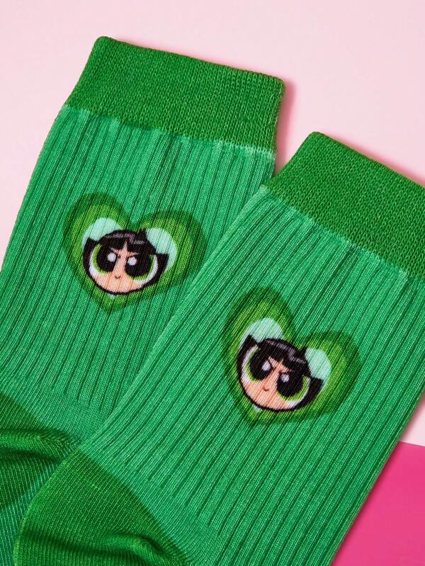 THE POWERPUFF GIRLS X SHEIN Calcetines largos minimalistas con logo de corazón de policía en verde