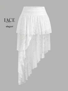Aloruh Wedding Lace Skirt, Elegant Vacation Skirt, Low Waist Multi-Layer Ruffles With Asymmetrical Hem, Flattering And Elongating Skirt
