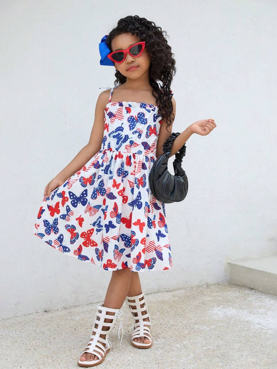 年轻女孩休闲蝴蝶印花细肩带太阳裙，适合 7 月 4 日、节日和日常穿着 - 紅色 - 查看 1