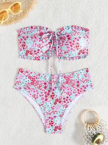 SHEIN Swim Women's Summer Beach Vacation New Cute Strapless Ruffled Ditsy Floral Patterned Bikini Set Set With Delicate Pearl Pendant & Drawstring Tie - Multicolor - View 6