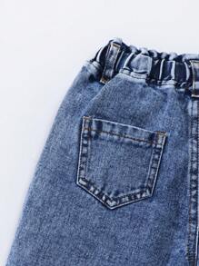 Elladie kids Denimly Little Girls Cute Casual Vacation Style Elastic Waist Bow Embroidered Washed Orchid Tapered Denim Pants - Light Wash - View 5