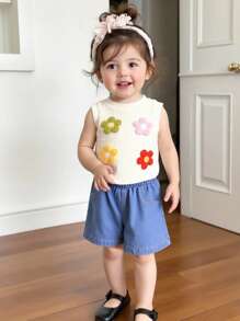 Baby Girl Summer Casual Korean Style Cute Round Neck Sleeveless Jacquard Floral Knit Top And Washed Denim Shorts - Multicolor - View 4
