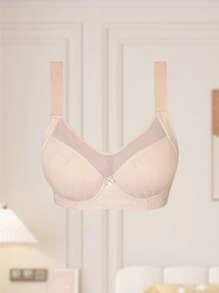 SHEIN 1 件女士米色钢圈文胸，舒适提升和支撑宽肩带文胸 - 米色 - 查看 3