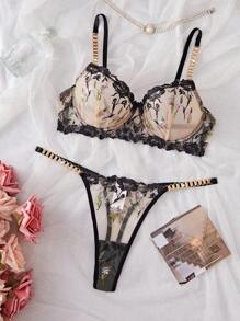 SHEIN Esselle Bộ đồ lót ren thêu hoa lụa 2 mảnh trang trí áo ngực và quần lót gợi cảm cho nữ - màu đen - Xem 1