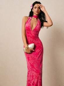 Poéselle Flocked Jacquard Material Halter Elegant Dress,Women Birthday Outfit - Hot Pink - View 7