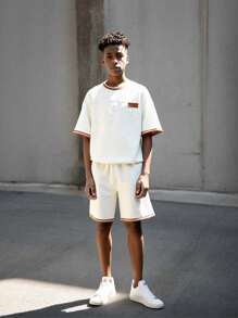 2pcs Casual Outfit For Teenage Boys: Textured Letter Fabric Patchwork Two-Tone Drawstring Suit