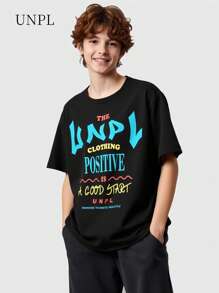SHEIN Camiseta de manga corta con estampado de eslogan casual para adolescentes, de verano
