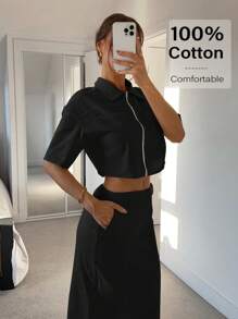 Siren Gaze 2件套女士纯色短袖拉链短款上衣和裙子女士夏装女士夏季套装女士夏装女士加大码商务休闲女士加大码正式纯棉两件套女士两件套裙子女士两件套休闲套装女士拉链两件套衬衫和裙子套装