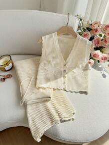 SHEIN Privé Set Sweater Ukuran Besar, Kasual Elegan Longgar Mewah Romantis Berongga untuk Pantai - Krem - View 9