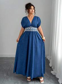 Elenzga Plus Size Boho Sky Blue Floral Embroidered Maxi Dress,Summer Elegant Vacation Deep V-Neck,Gathered Shoulder,Cinched Waist, Casual Party Dress - Blue - View 8
