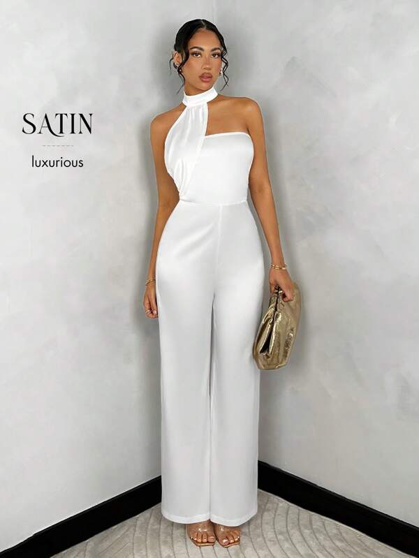 SHEIN BAE Summer White Solid Color Satin Halter Asymmetrical Graduation Dress With Wide Leg Jumpsuit White Jumpsuit Womenelegant Jumpsuitjumpsuits Ladies Party