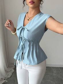 Selianne 女士优雅 V 领无袖分层蝴蝶结腰带 A 字型简约纯色背心，适合春夏季 - 藍色 - 查看 6