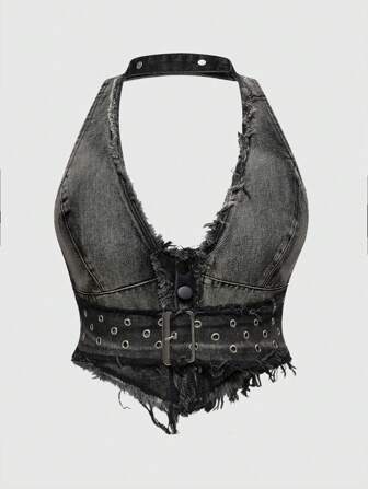 J-Fashion Blouse slim ajustée avec encolure en V déchirée en jean grande taille, style vintage