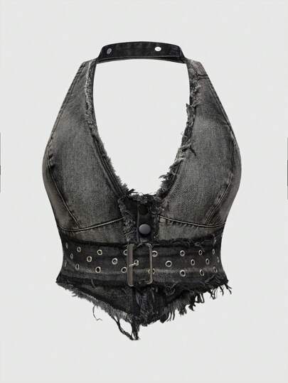 J-Fashion Plus Size Distressed Denim V-Neck Fringed Slim-Fit Blouse, Vintage Style