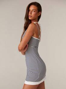 Athîral Đầm ngắn không tay cổ yếm in họa tiết sọc cho nữ mùa hè - Màu xanh hải quân - Xem 3