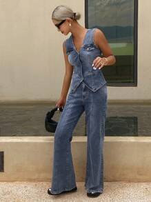 DAZY 西式做旧 V 领背心和喇叭牛仔裤女款两件套