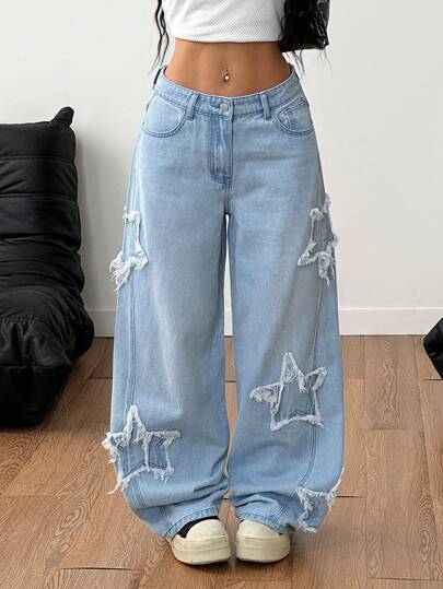 Coolane 女款饶舌歌手运动休闲垃圾摇滚星形图案水洗牛仔裤