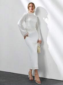 CLARA VERO Woman Solid Color Textured Knitting Fabric Co Ords Top And Blouse Long Sleeve Flare Lace Ended Lace Hem Blouse Top And Midi Long Skirt Spring Summer Bridal - White - View 2