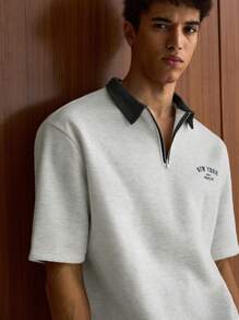 SWAVVY 2 件男士针织休闲日常年轻宽松短袖 Polo 衫和松紧腰直筒短裤套装，学校 - 灰色 - 查看 5