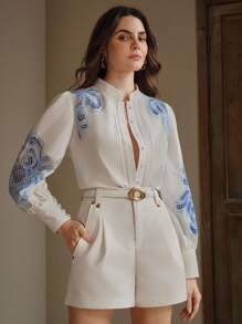 Anewsta Spring White Hollow-Out Embroidered Loose Long Sleeve Blouse, Going Out